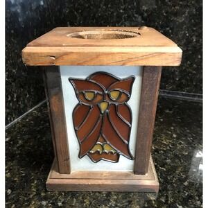 Vintage Owl Candle Holder Lantern Box Wooden Stained Glass Window